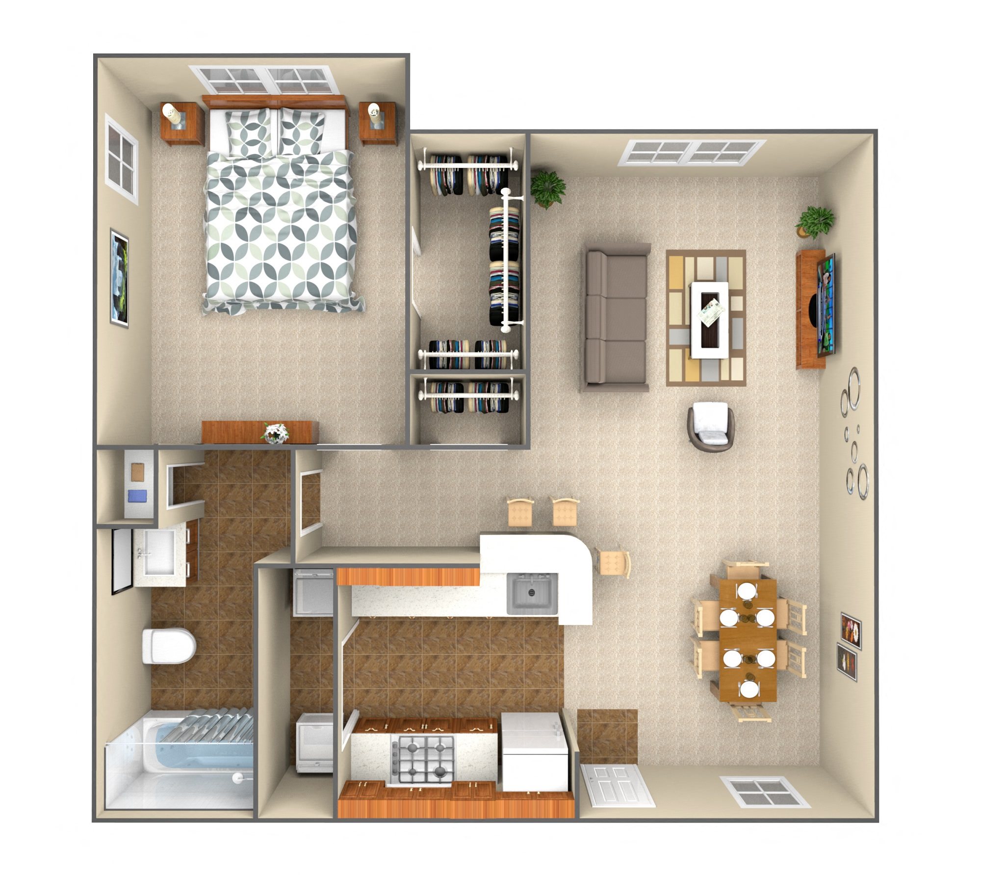 Floor plan for 1 bed, 1 bath, 664 sqft